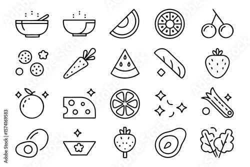Collection of fresh and healthy salad ingredients and dishes presented in a simple flat design style with vibrant green hues