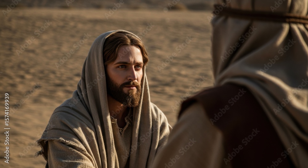 Naklejka premium A man with a beard and robe, Jesus Christ, talking in a desert. Biblical scene. New testament concept.