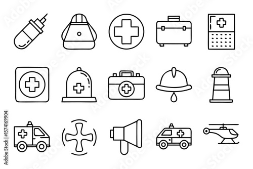 Comprehensive collection of emergency service symbols presented in a clean modern outline style featuring essential safety and aid graphics for diverse applications and clear visual communication