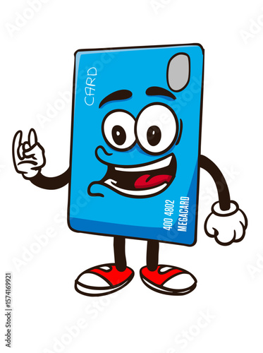 Tarjeta de crédito azul con cara y extremidades