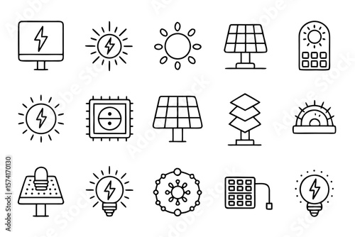 Collection of clean outline symbols representing solar energy concepts and renewable power sources presented in a cohesive graphic style