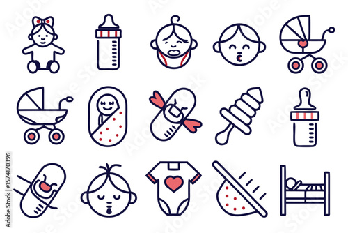 Comprehensive collection of distinct line art symbols representing various aspects of early childhood education and care services presented in a clean modern style