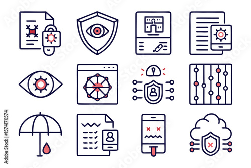 Comprehensive collection of clean modern line graphics representing various aspects of safeguarding digital information and personal privacy across multiple platforms and services