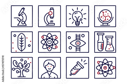 Comprehensive collection of scientific research and laboratory analysis symbols presented in a clean modern outline style for diverse digital and print applications