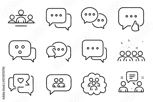 Collection of stylized speech bubbles and communication elements featuring distinct shapes and outlined designs for digital messaging and conversation interfaces