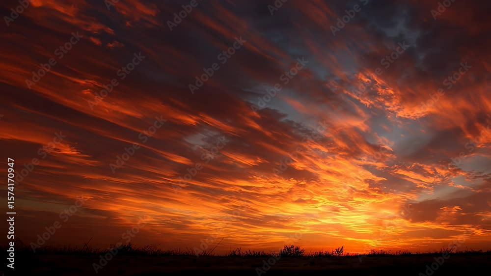 Dramatic sunset sky with vibrant orange and red clouds, serene landscape