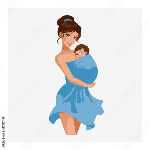 Caring Mother Holding Baby in Blue Wrap Cartoon Vector Illustration