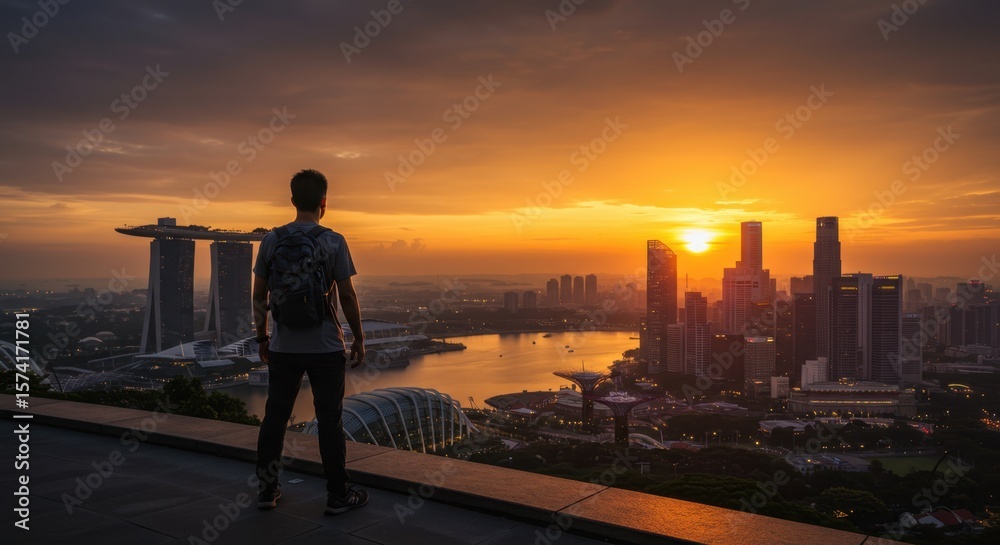Fototapeta premium Singapore Skyline Sunrise: A Man Contemplates the City's Golden Dawn