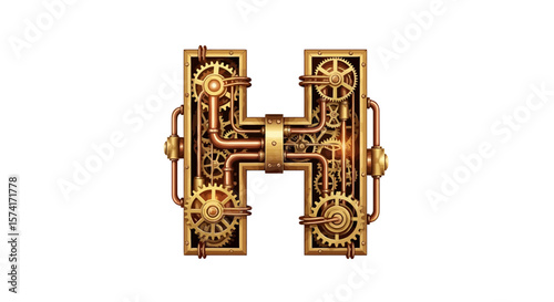 Vector steampunk letter h illustration with gears and pipes for graphic design and creative projects use case