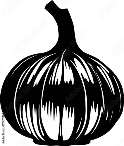 A timeless and elegant black and white vector graphic of a garlic clove silhouette