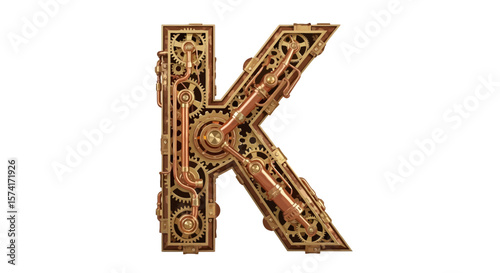 Vector steampunk letter k alphabet design with gears and cogs for mechanical typography design and decoration