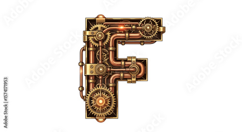 Vector steampunk letter f illustration with gears and pipes a retro futuristic design for alphabet and typography