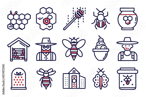 Collection of stylized linear symbols featuring sweet honey pots and buzzing bees perfect for culinary or apiary branding and design projects