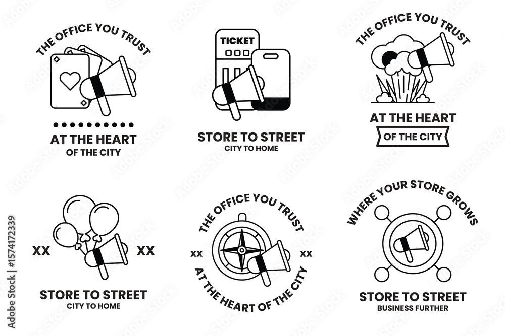 Fototapeta premium Set of illustrations in the concept of megaphones and business items in line art style