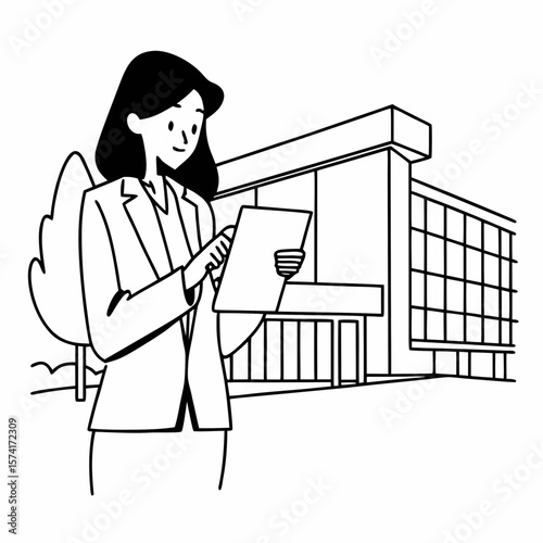 Portrait of a successful business woman using digital tablet in front of modern business building