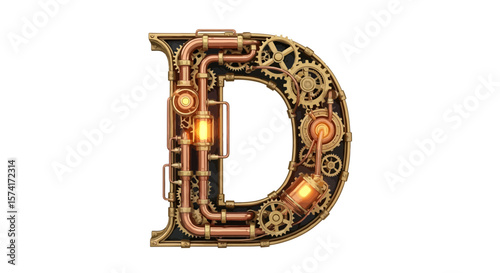 Vector steampunk letter d alphabet design with gears and pipes industrial style vintage typography illustration
