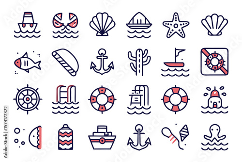 A collection of distinct clean line art symbols representing various elements of the ocean and aquatic life presented in a monochromatic style with potential for color customization