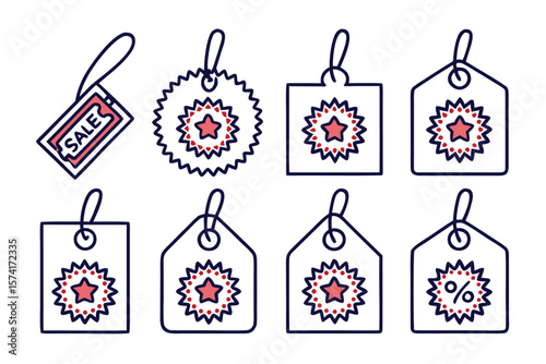 Collection of starburst shaped sale price tags and stickers featuring quality seals and promotional elements in vibrant colors for retail advertising and marketing campaigns