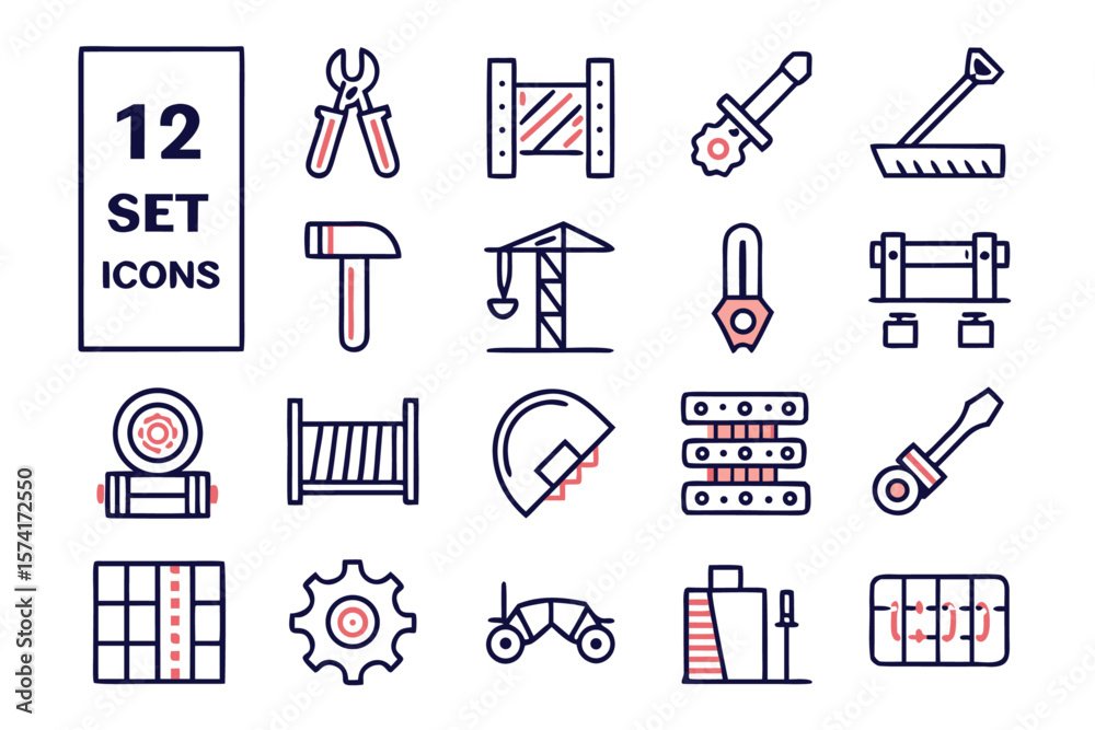 Fototapeta premium Collection of twelve distinct linear outline symbols representing various aspects of the steel industry presented in a clean and modern graphic style with versatile color options