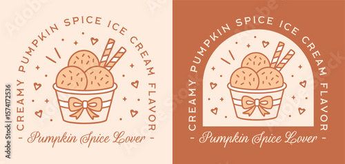 Pumpkin spice ice cream flavor fall season spiced treats creamy dessert lover funny girl shirt design. Homemade scoops in a cup with bow retro aesthetic cute printable illustration sticker label tag.