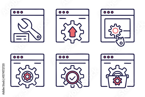 Comprehensive collection of essential web interface controls and system configuration elements presented in a clean modern line art aesthetic for digital applications