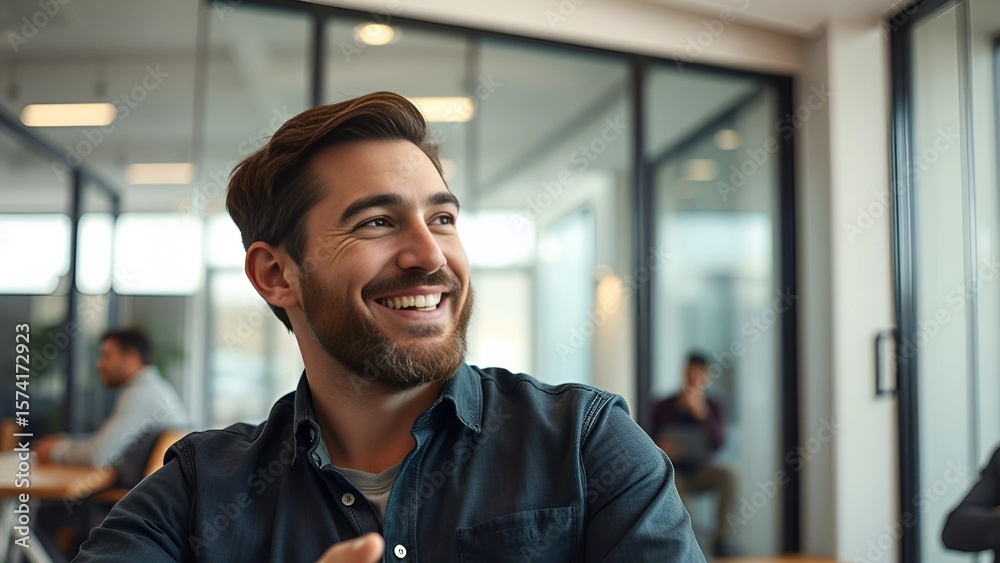 Fototapeta premium Smiling Bearded Man in Modern Office - Business Professional Portrait - Happy Workplace Lifestyle