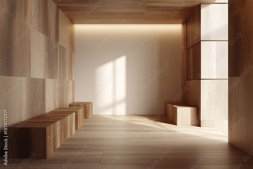 Fototapeta premium Stylish wood textured store promotional display area designed for an inviting shopping experience in a modern retail space