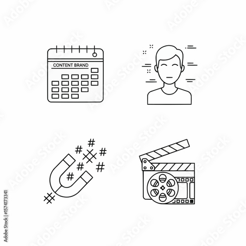 Set of Outline Icons Representing Content Creation and Marketing Concepts