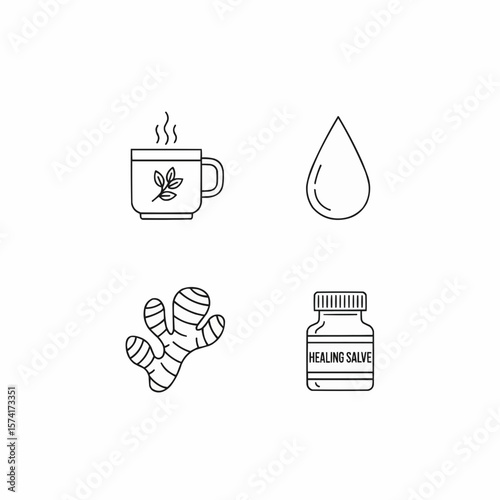 Set of Healing and Wellness Line Icons With Natural Remedies