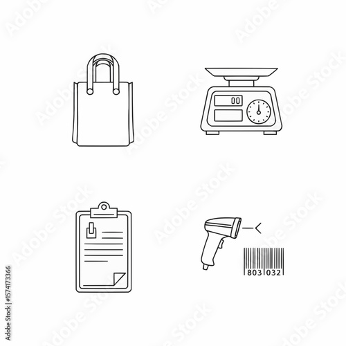 Set of Line Icons Representing Shopping, Weighing, Inventory, and Barcode Scanning