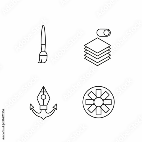 line art icons depicting painting, layers, pen tool, and color palette