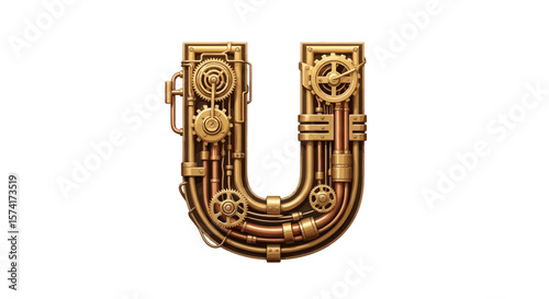 Vector steampunk letter u alphabet design mechanical typography vintage style font with gears and pipes art