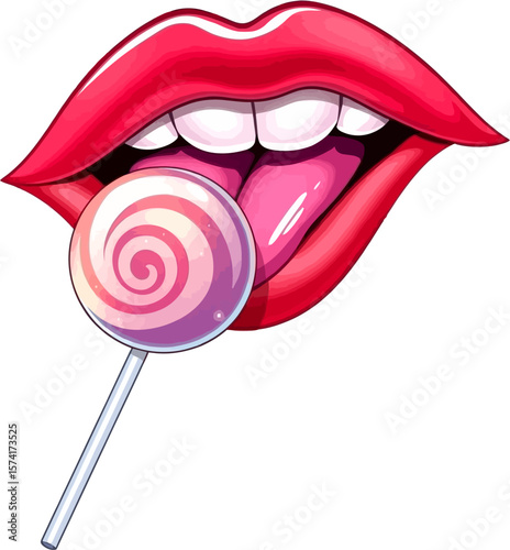 Red lips and pink tongue are glittering lollipops