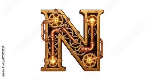 Vector steampunk letter n alphabet design industrial font vintage typography mechanical gearwork illustration