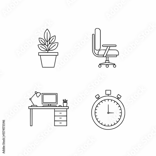  office-themed icon set depicting a chair, desk, plant, and stopwatch