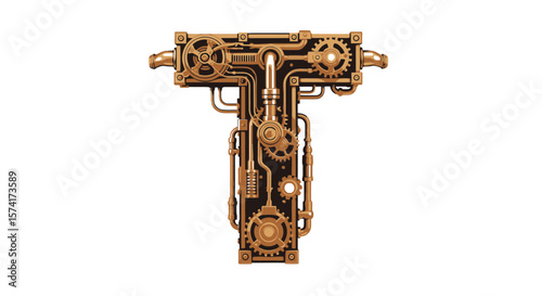 Vector steampunk letter t alphabet design with gears and cogs mechanical typography font industrial style artwork