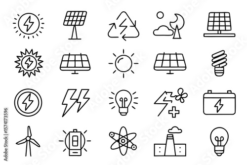 Minimalist line art collection representing clean renewable energy sources and sustainable power generation technologies for environmental projects