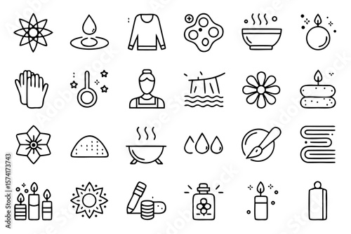 Collection of minimalist thin line linear style icons representing various spa and wellness elements perfect for web and digital applications