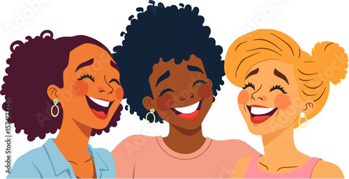 A vibrant vector illustration in flat style depicting three diverse friends laughing together
