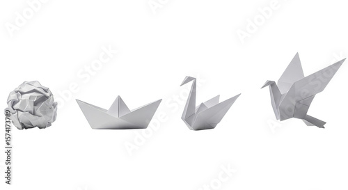 Four stages of folded white paper including a ball, boat, swan and a bird in studio lighting.