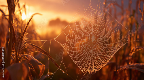 Dew-covered spiderwebs on corn stalks at sunrise