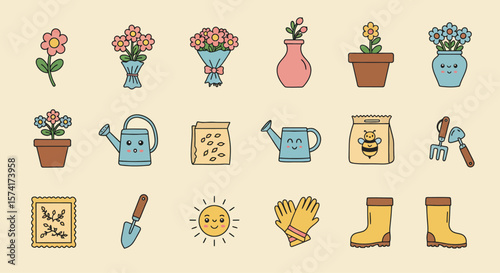 Adorable Gardening Icons Flowers, Tools, and More for Spring Projects