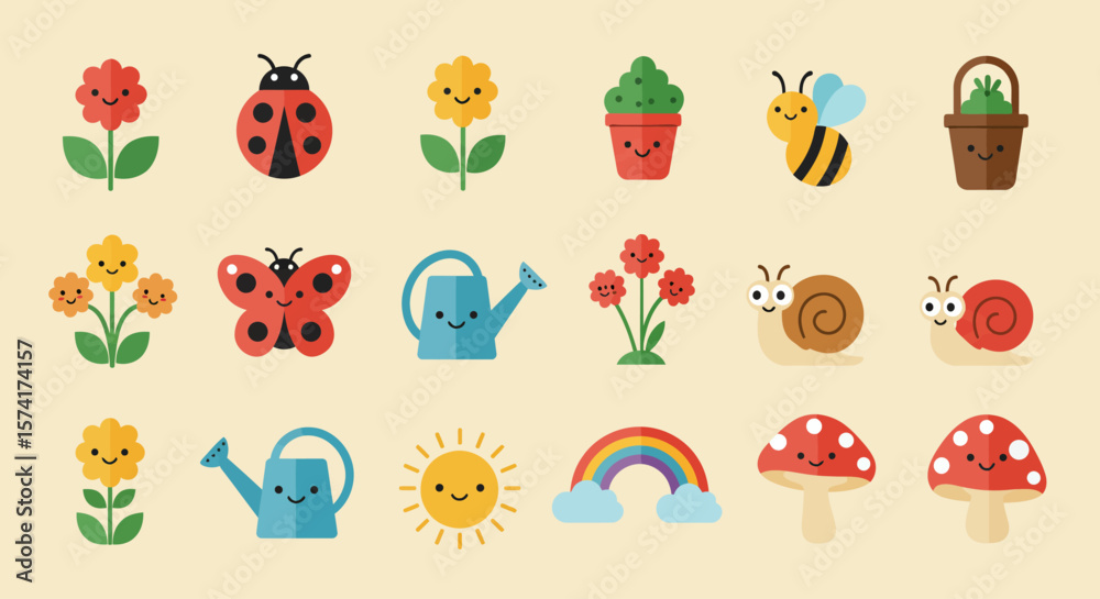 Obraz premium Cute Spring Garden Icons Flowers, Insects & More