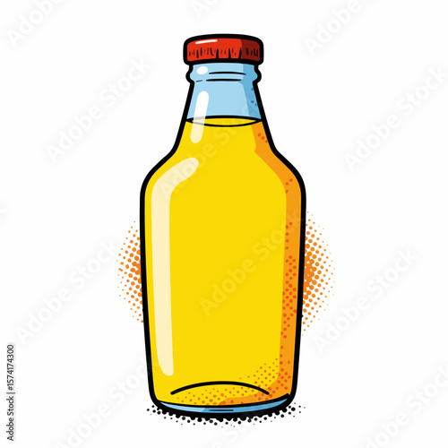 Fresh beer bottle illustration with yellow liquid inside against blank backdrop, showcases refreshment, and an inviting allure. Fresh beer bottle includes a red cap,
