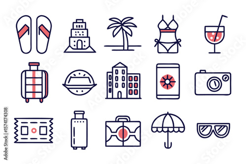 Charming collection of summer vacation themed line art symbols perfect for web design and digital projects featuring vibrant holiday elements in a clean modern style
