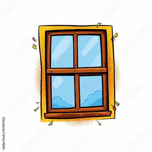 Window illustration shows brown frame with blue glass panes reflecting sky with clouds. Window illustration suggests simple, whimsical view and is perfect for children's stories or graphic novels.