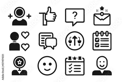 Comprehensive collection of clean modern line art symbols for web surveys and user feedback featuring essential elements for data gathering and analysis