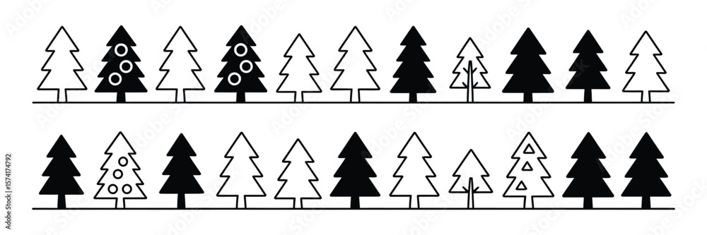 Obraz premium Black and White Evergreen Forest Outline, Minimalist Tree Row, Seamless Nature Pattern