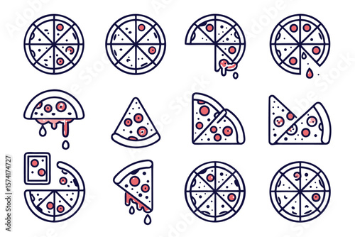 Collection of stylized culinary icons representing a whole pizza and various sliced portions perfect for food service menus recipe apps or restaurant branding