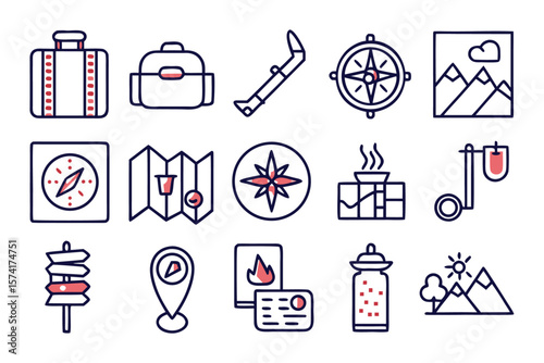 Comprehensive collection of travel and tourism symbols featuring customizable line weights for diverse applications and creative projects